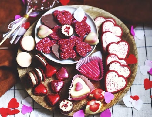 plates of red and white decorated hearts in marzipan
