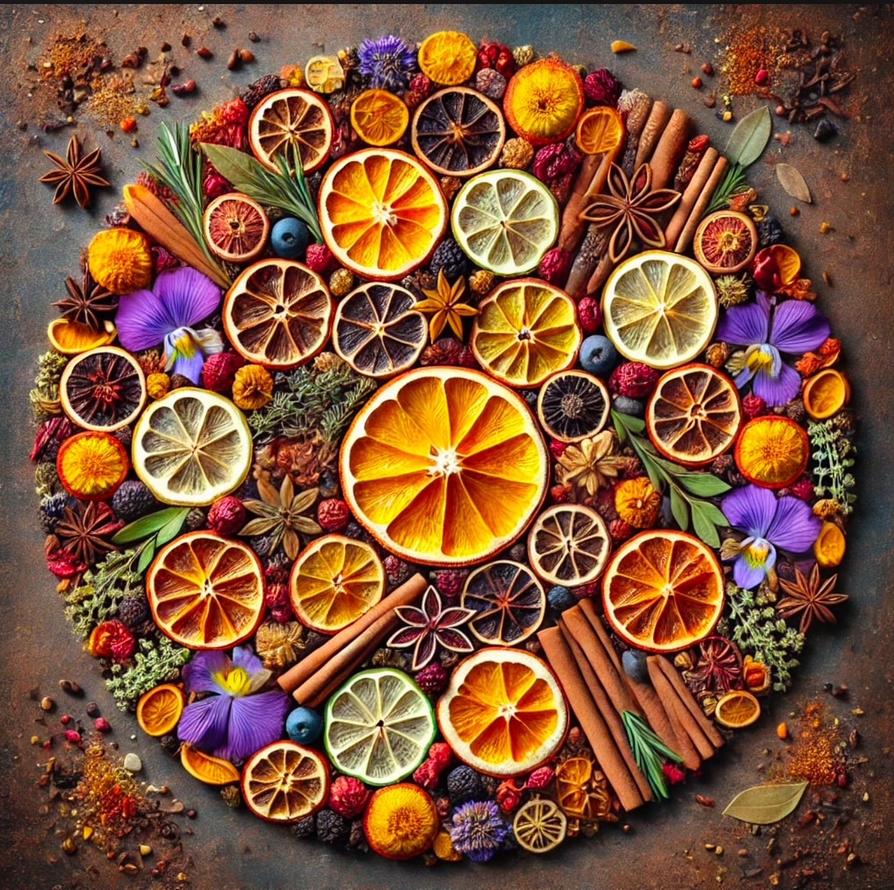 mandala created out of dried fruit, cinnamon sticks, dried herbs and more