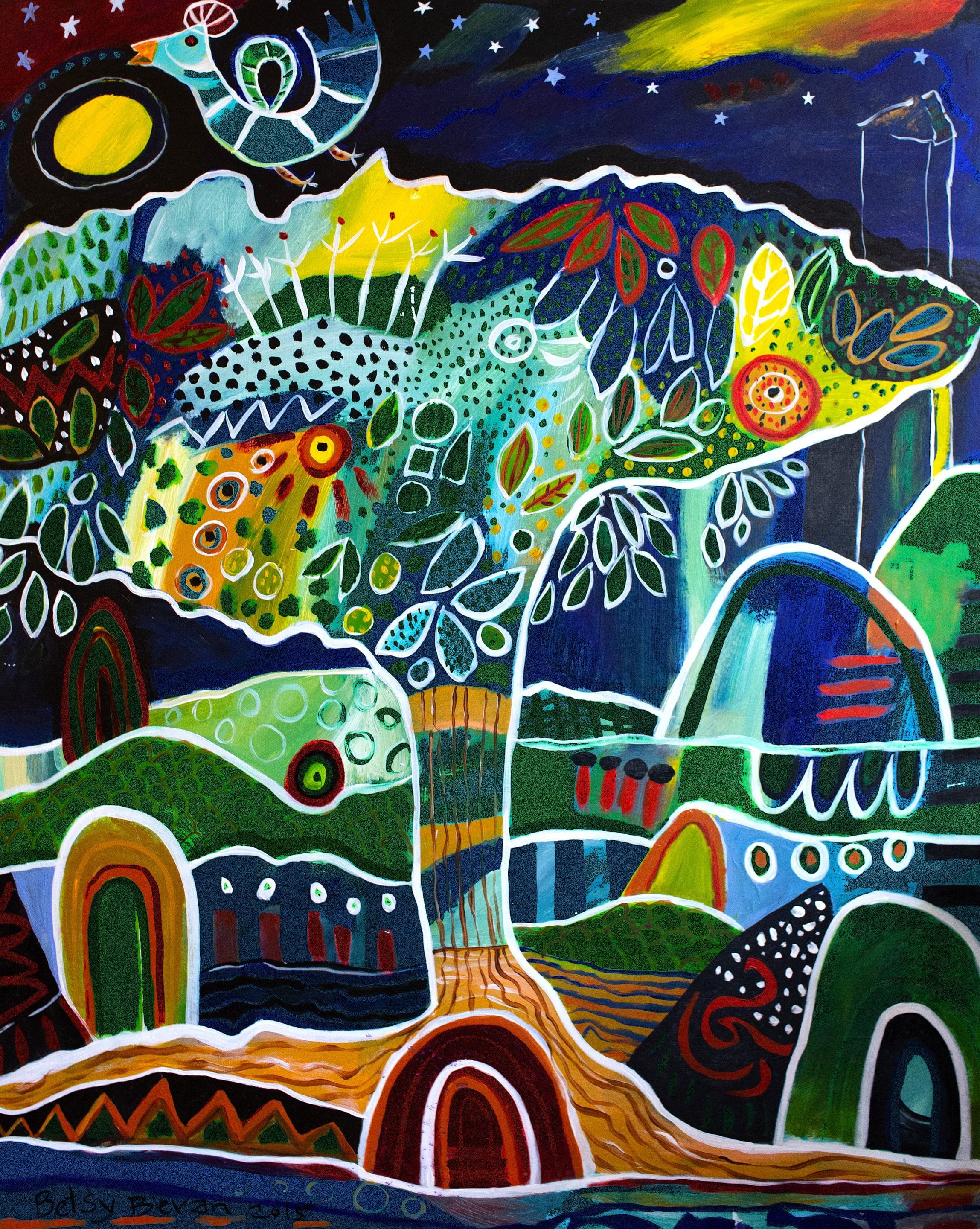 bright contrasting colors on a dark background, painting