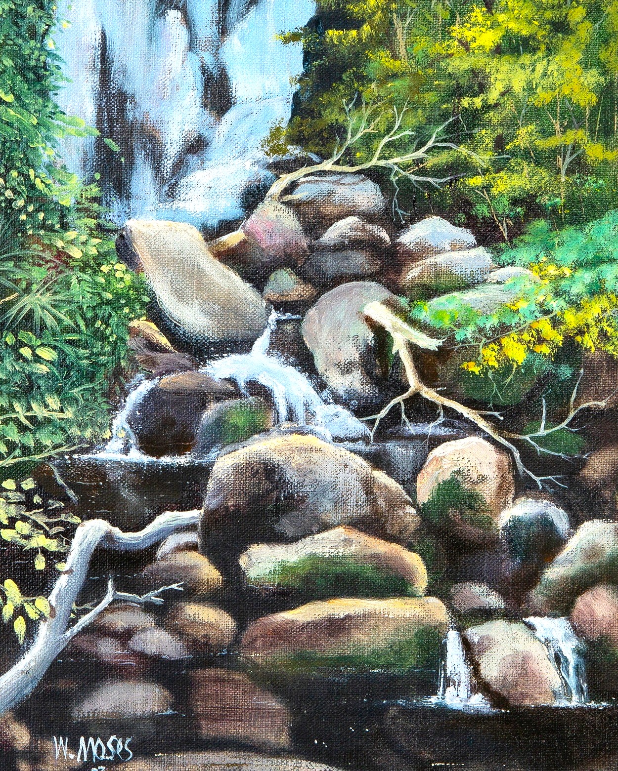 painting by Warren Moses of mountain stream coming over rocks