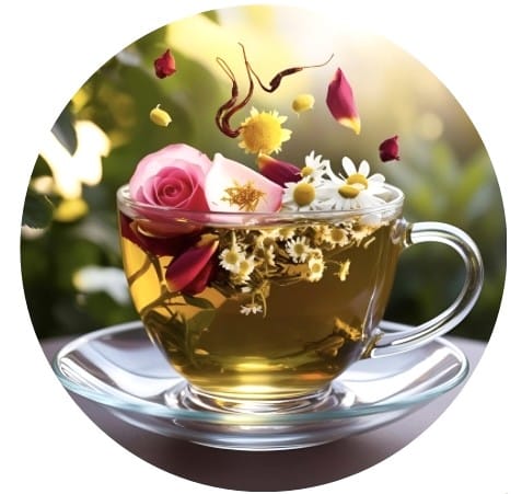 glass cup and saucer filled with tea and flowers and herbs