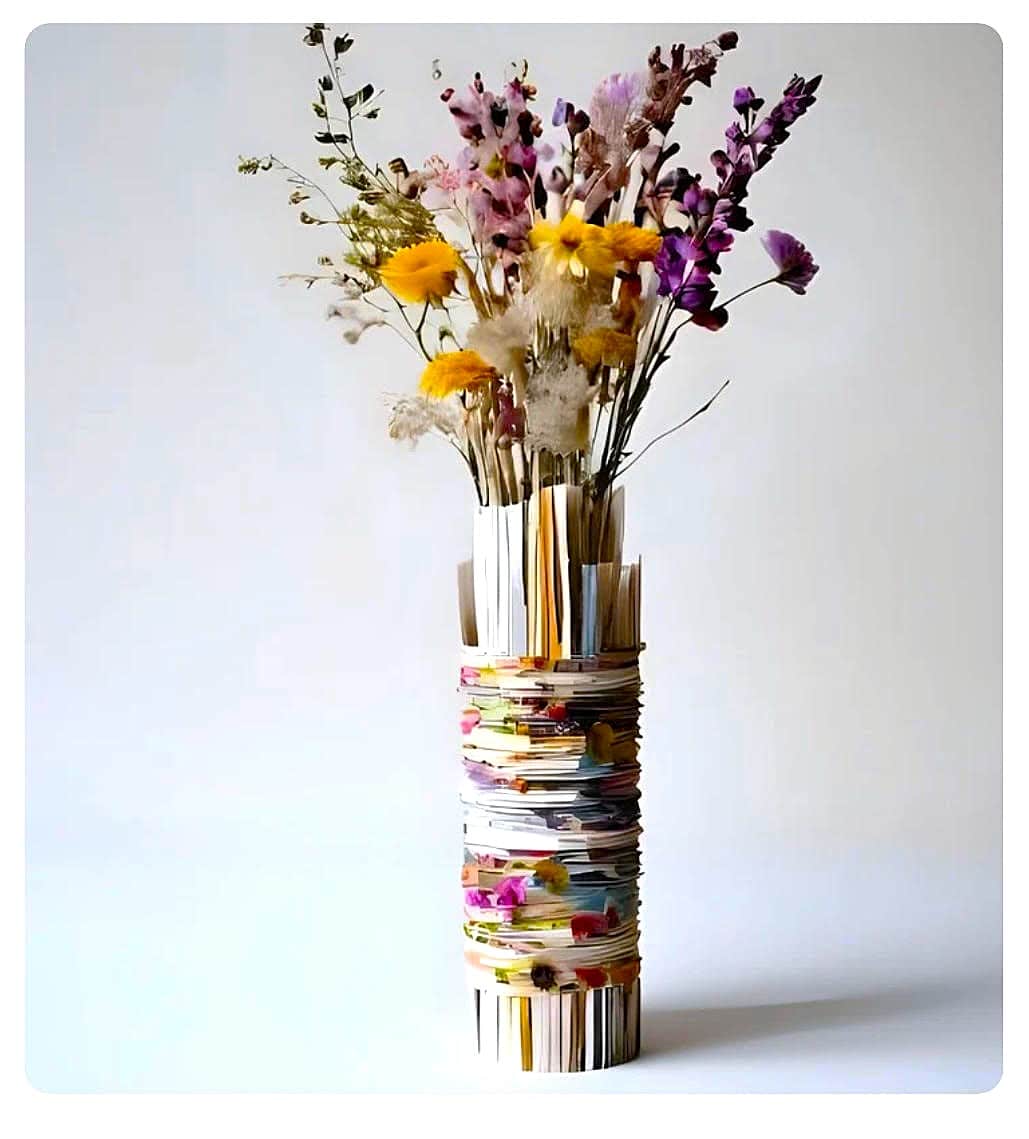 Vase made from strips of recycled paper, filled with dried flowers
